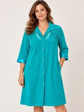 Vintage Vanity Fair Velour Robe L Teal Embroidered Satin Trim